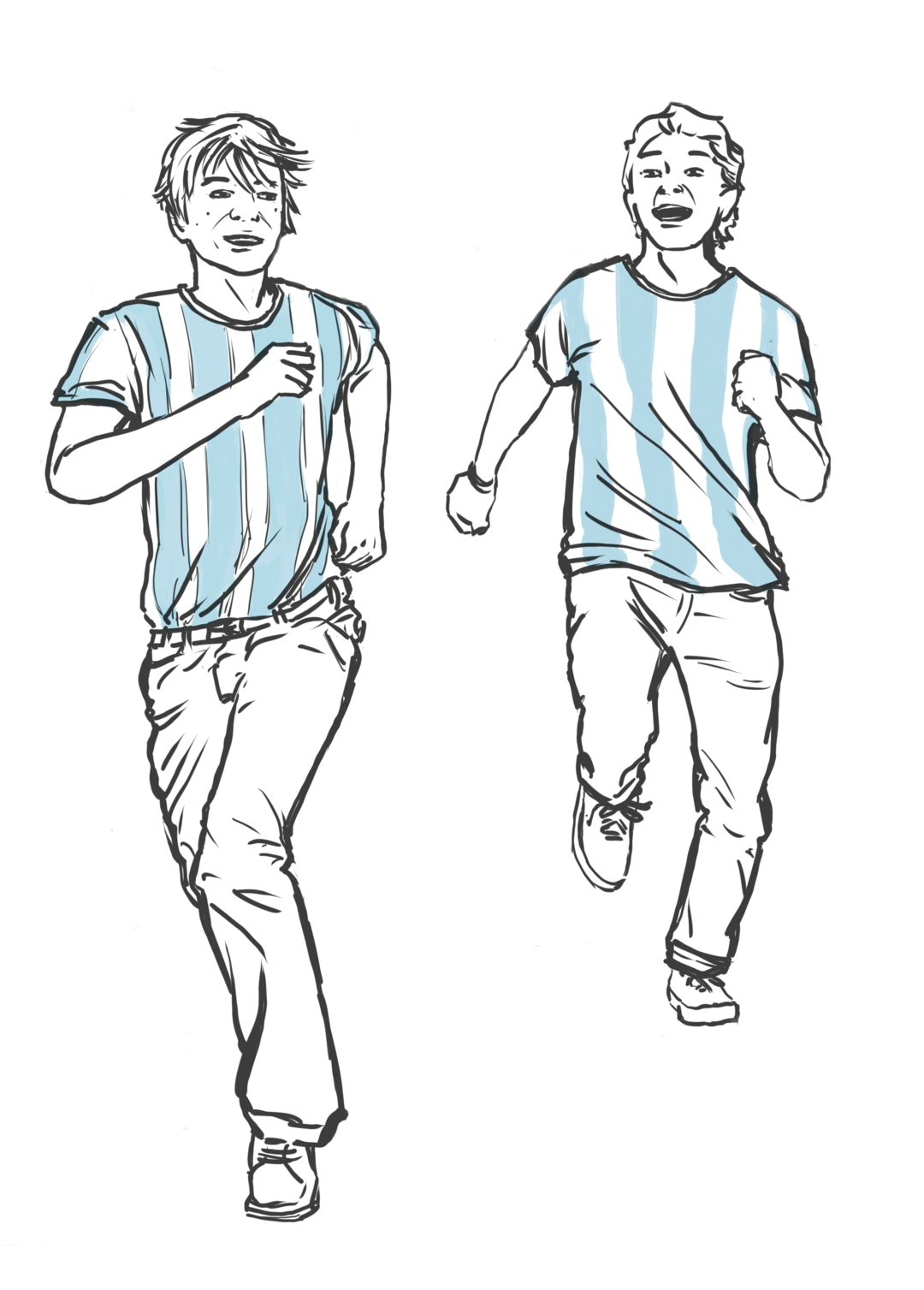 ilustração simples com traçado negro de dois adolescentes correndo lado a lado, alegres, vestindo camisa listrada de branco e azul-celeste, que é também a única coisa colorida na imagem inteira.