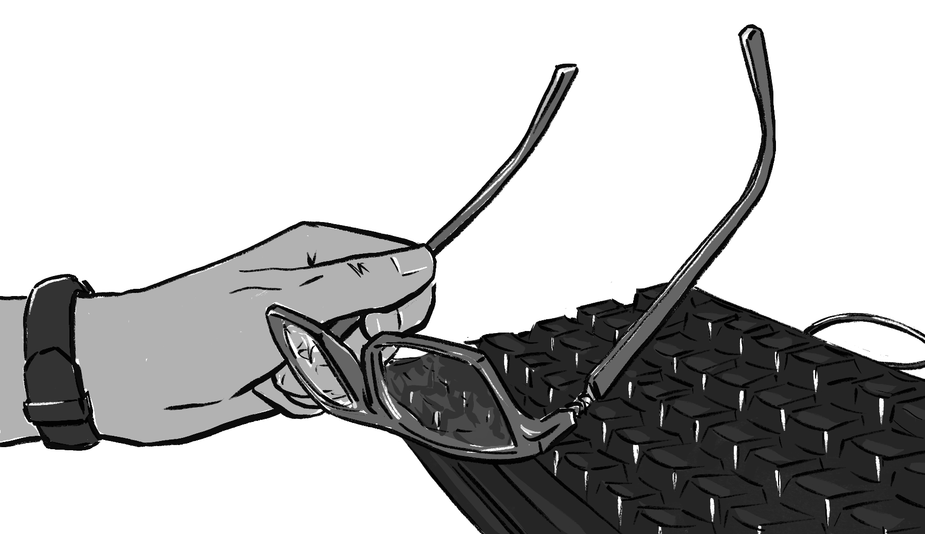 ilustração em preto e branco: mão segurando óculos sobre um teclado de computador