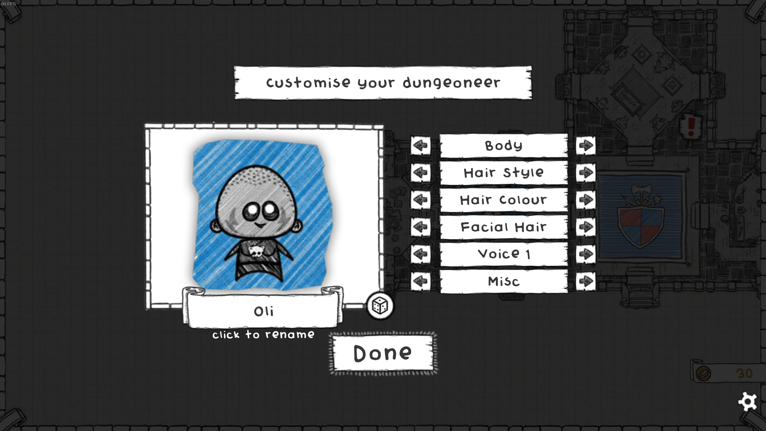 screenshot de criação de personagem no jogo guild of dungeoneering mostrando uma pessoinha chamada oli
